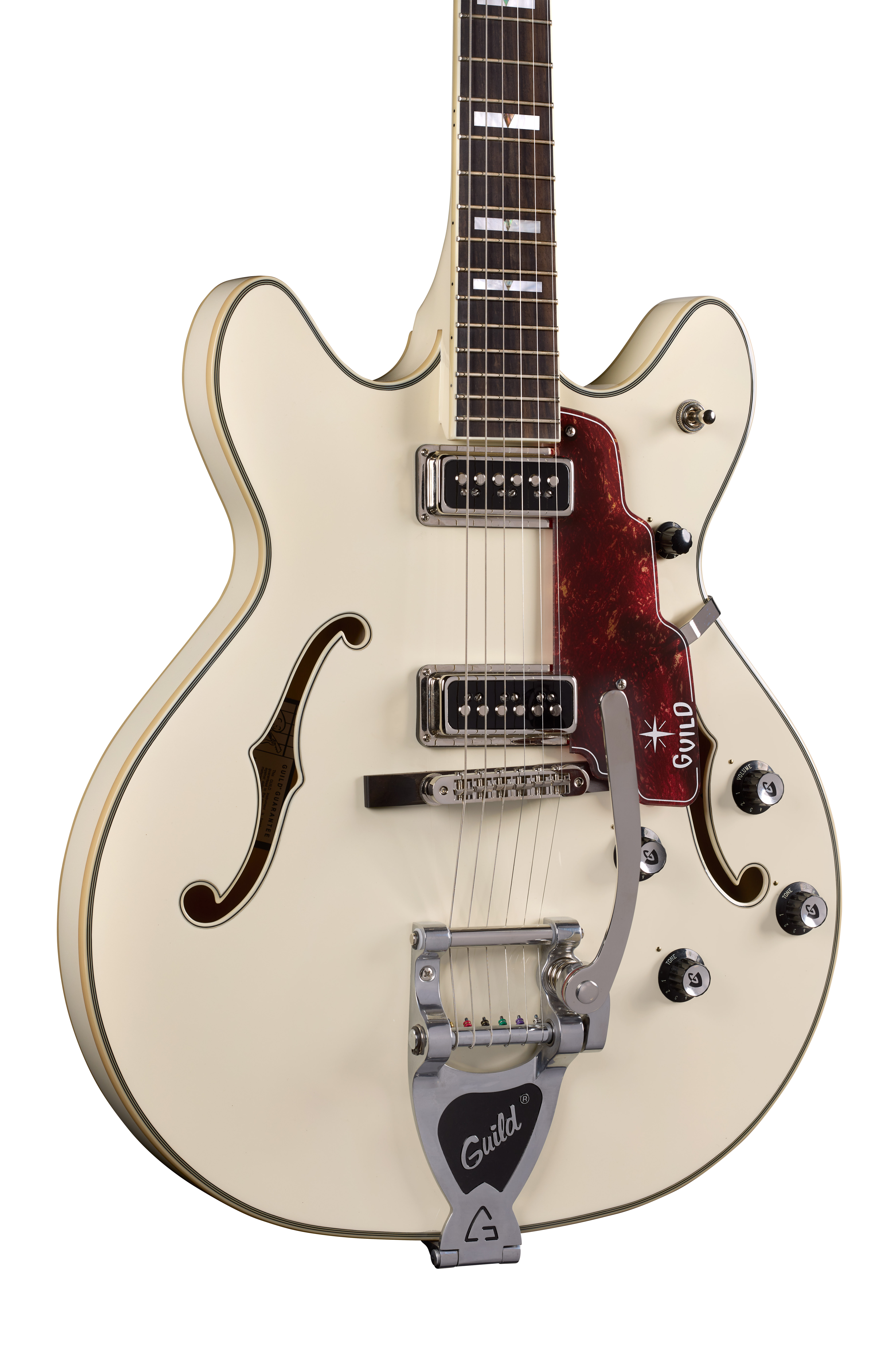 E-Gitarre, Hollowbody, Cremeweiß, Doppelte Cutaways, Bigsby-Tremolo